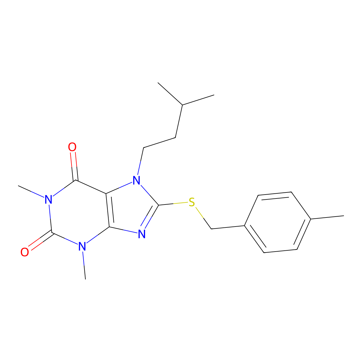 7-isopentyl-1,3-dimethyl-8-((4-methylbenzyl)thio)-1H-purine-2,6(3H,7H)-dione molecular structure, CAS 376625-24-0