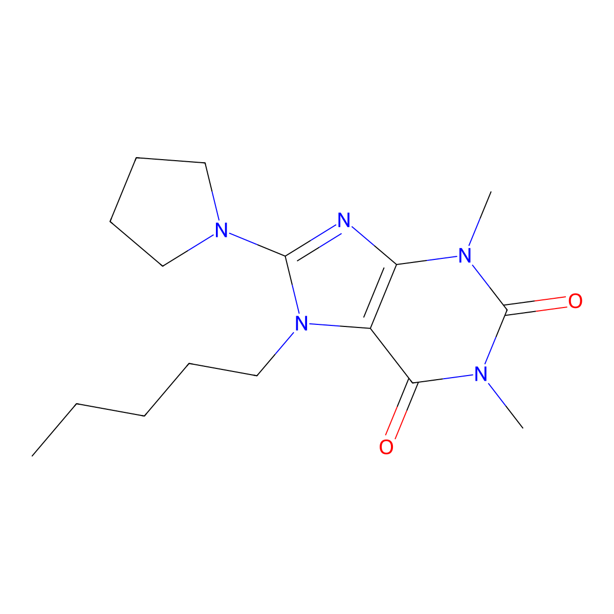 1,3-Dimethyl-7-pentyl-8-pyrrolidin-1-yl-3,7-dihydro-purine-2,6-dione molecular structure, CAS 376625-47-7