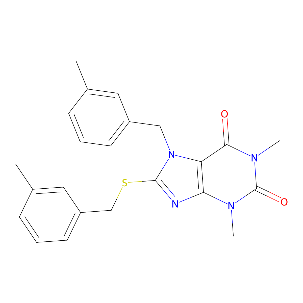 1,3-dimethyl-7-(3-methylbenzyl)-8-((3-methylbenzyl)thio)-1H-purine-2,6(3H,7H)-dione molecular structure, CAS 376625-63-7