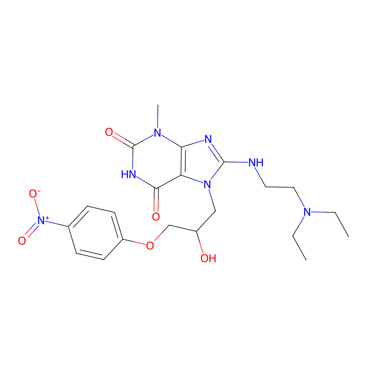 8-((2-(diethylamino)ethyl)amino)-7-(2-hydroxy-3-(4-nitrophenoxy)propyl)-3-methyl-1H-purine-2,6(3H,7H)-dione molecular structure, CAS 377048-70-9