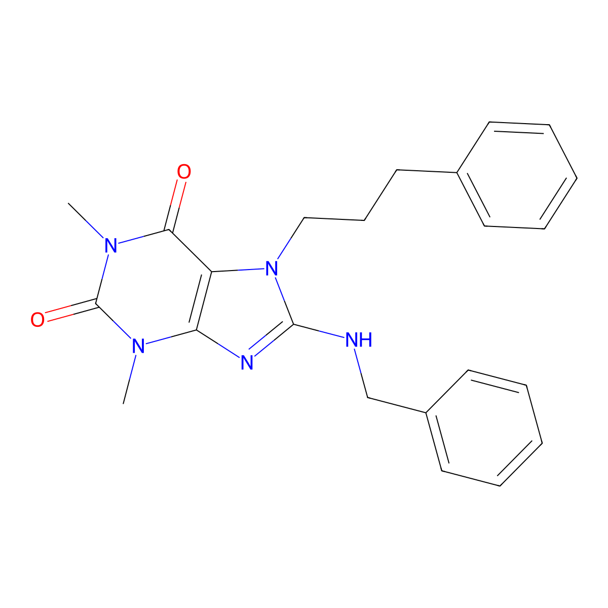 8-Benzylamino-1,3-dimethyl-7-(3-phenyl-propyl)-3,7-dihydro-purine-2,6-dione molecular structure, CAS 377049-28-0
