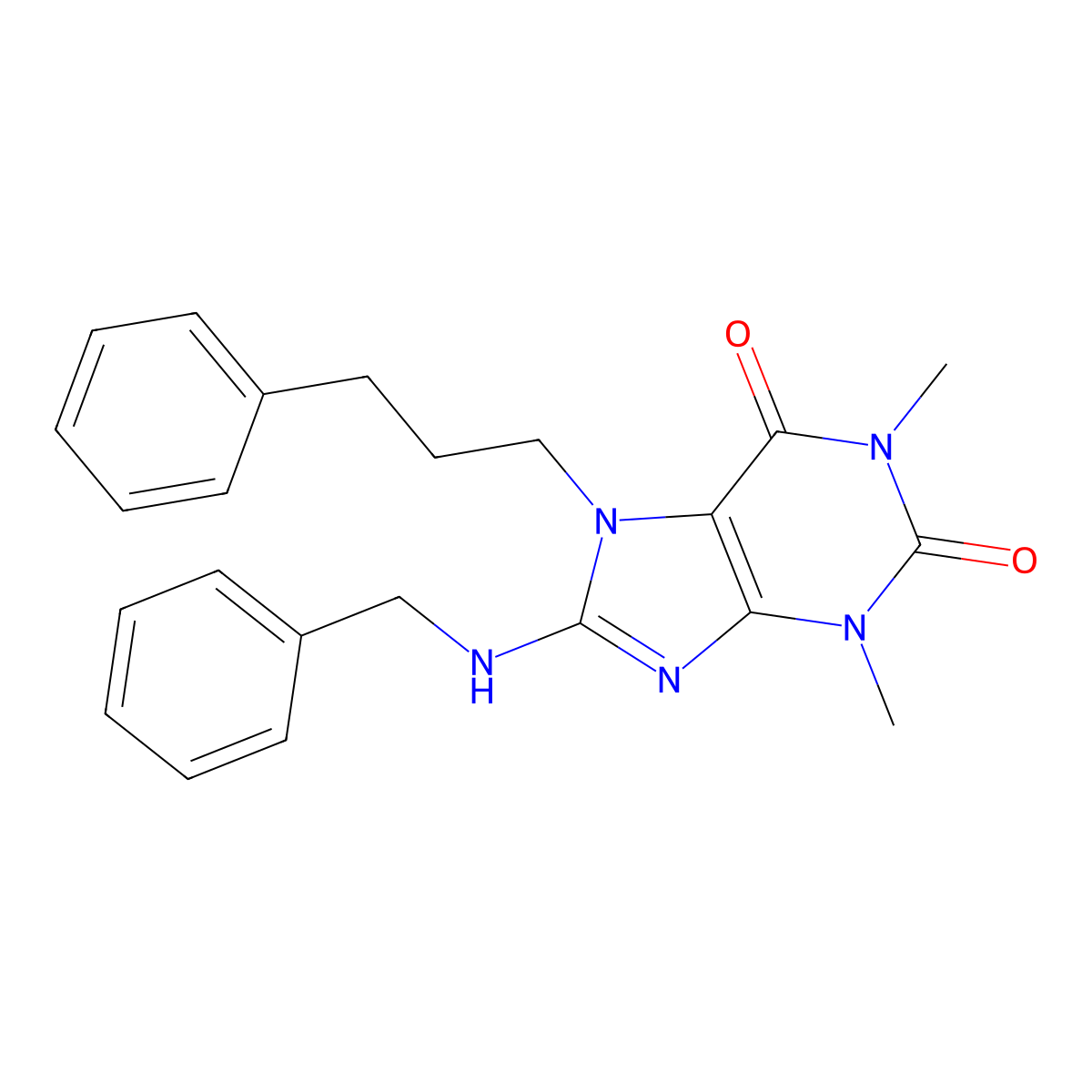 8-Benzylamino-1,3-dimethyl-7-(3-phenyl-propyl)-3,7-dihydro-purine-2,6-dione molecular structure, CAS 377049-28-0
