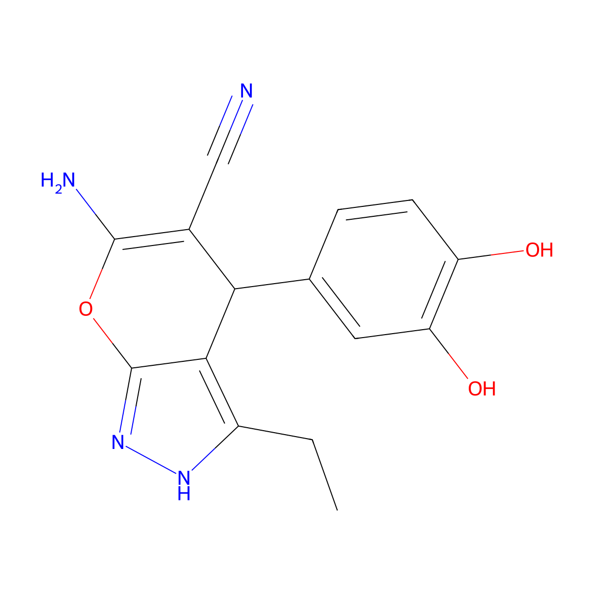 6-Amino-4-(3,4-dihydroxy-PH)3-ET-1,4-dihydropyrano(2,3-C)pyrazole-5-carbonitrile molecular structure, CAS 377049-89-3