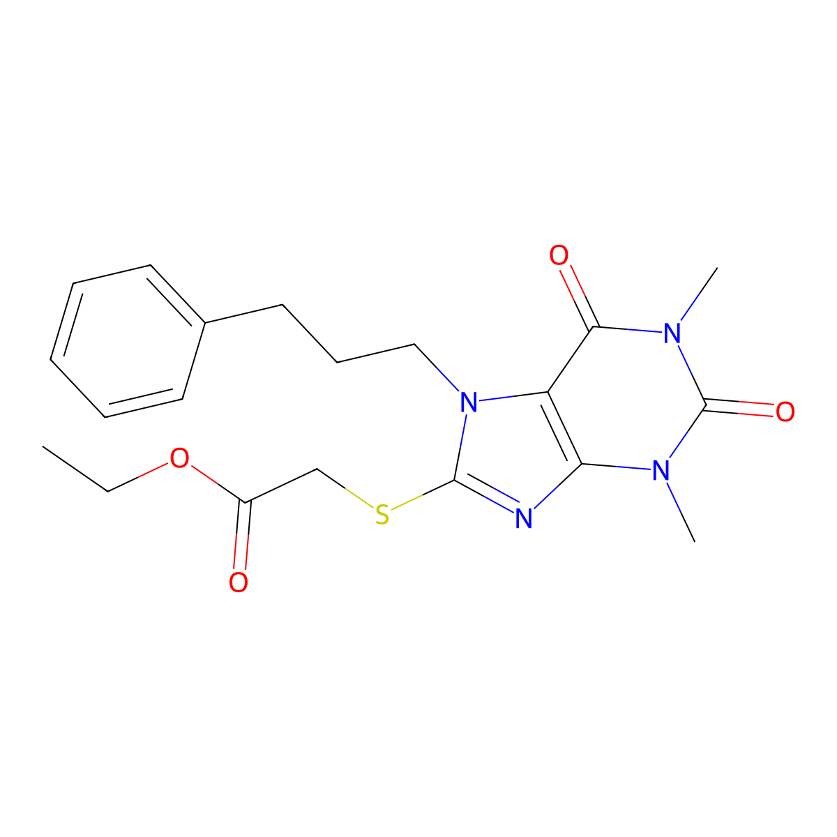 ethyl {[1,3-dimethyl-2,6-dioxo-7-(3-phenylpropyl)-2,3,6,7-tetrahydro-1H-purin-8-yl]sulfanyl}acetate molecular structure, CAS 377050-31-2