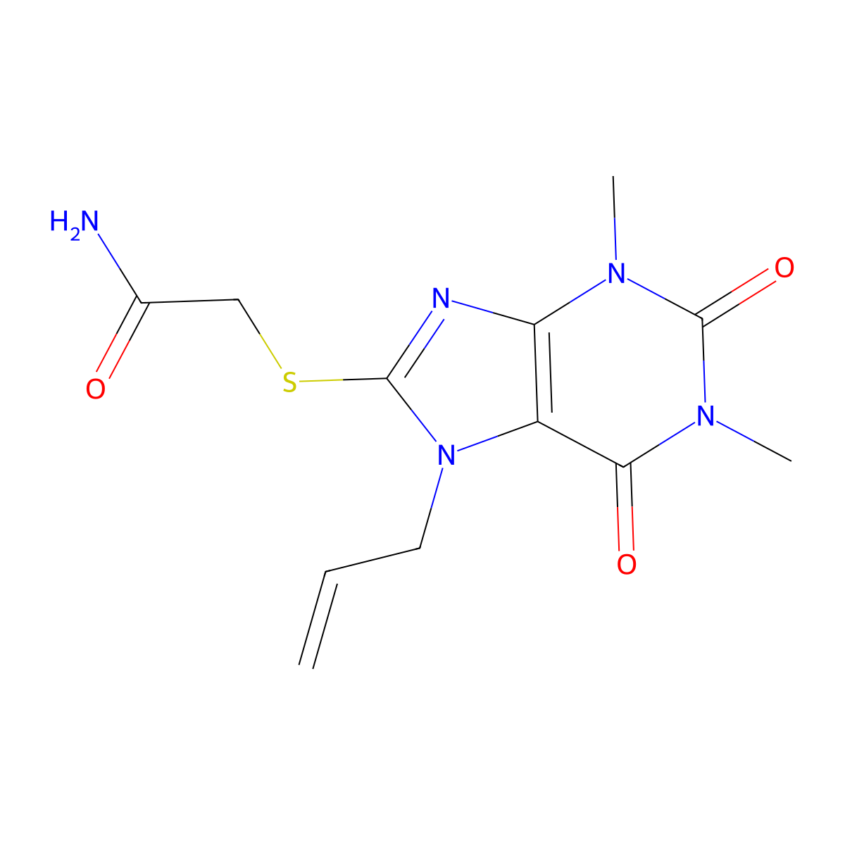 2-{[1,3-dimethyl-2,6-dioxo-7-(prop-2-en-1-yl)-2,3,6,7-tetrahydro-1H-purin-8-yl]sulfanyl}acetamide molecular structure, CAS 377050-78-7