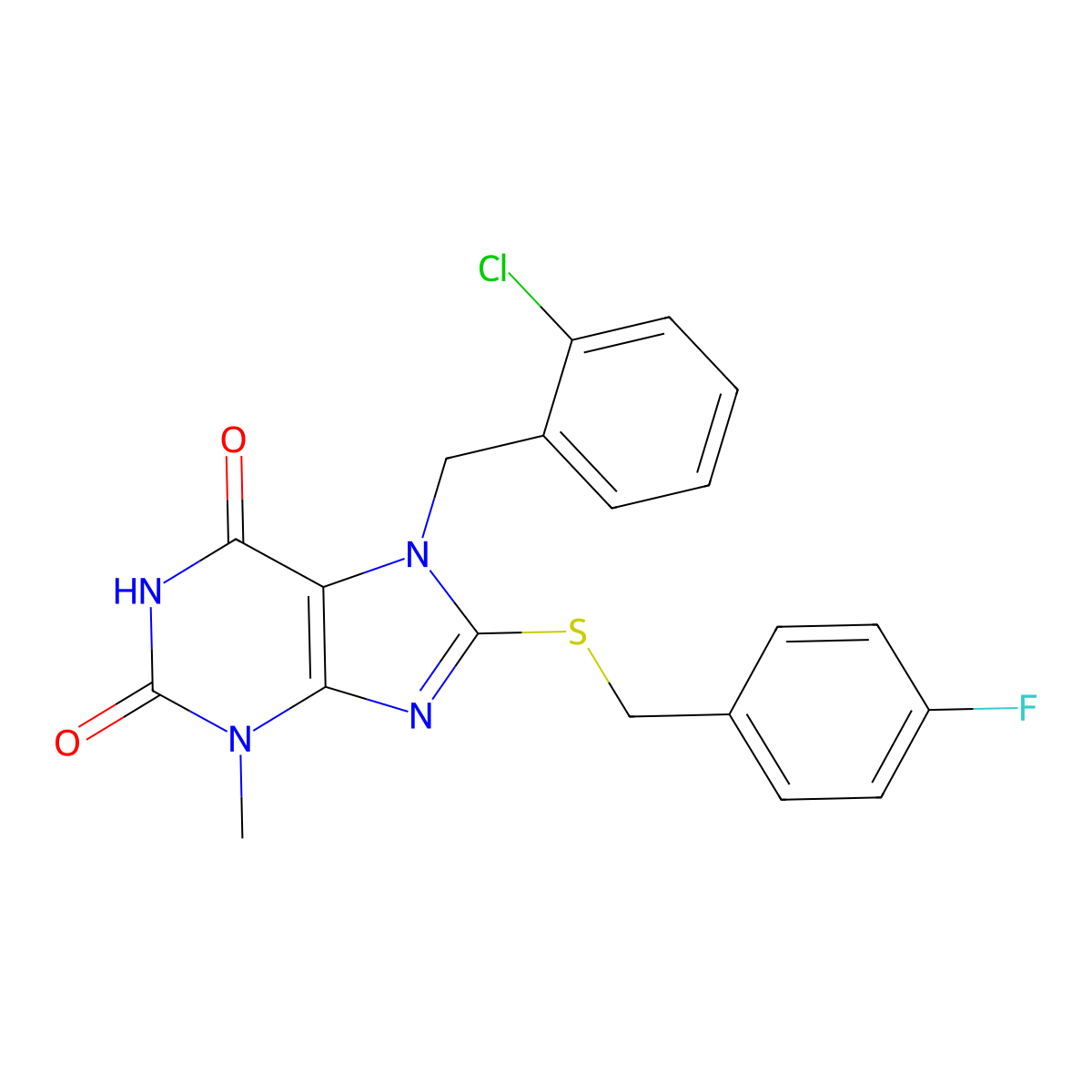 7-(2-chlorobenzyl)-8-((4-fluorobenzyl)thio)-3-methyl-1H-purine-2,6(3H,7H)-dione molecular structure, CAS 377050-95-8