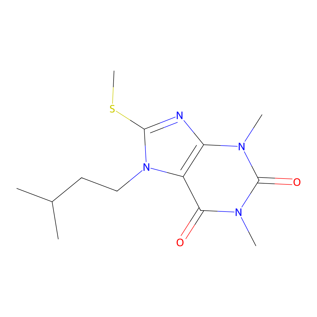 7-isopentyl-1,3-dimethyl-8-(methylthio)-1H-purine-2,6(3H,7H)-dione molecular structure, CAS 377051-05-3