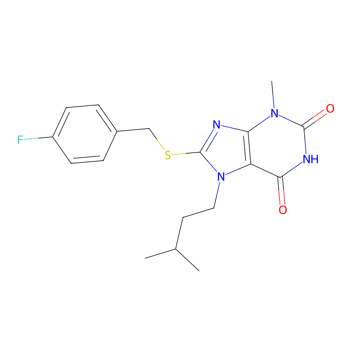 8-[(4-Fluorophenyl)methylsulfanyl]-3-methyl-7-(3-methylbutyl)purine-2,6-dione molecular structure, CAS 377052-10-3
