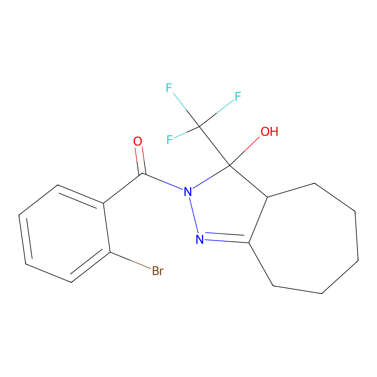 (2-Bromophenyl)-[3-hydroxy-3-(trifluoromethyl)-3a,4,5,6,7,8-hexahydrocyclohepta[c]pyrazol-2-yl]methanone molecular structure, CAS 377052-16-9