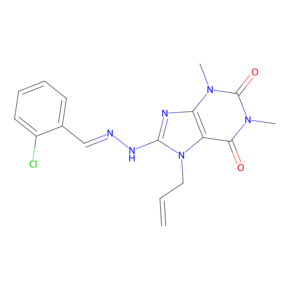 8-[2-[(2-Chlorophenyl)methylidene]hydrazinyl]-1,3-dimethyl-7-prop-2-enylpurine-2,6-dione molecular structure, CAS 377052-59-0