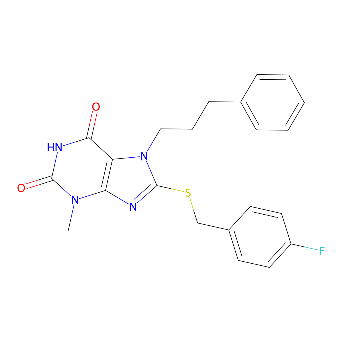 8-((4-Fluorobenzyl)thio)-3-ME-7-(3-phenylpropyl)-3,7-dihydro-1H-purine-2,6-dione molecular structure, CAS 377052-75-0