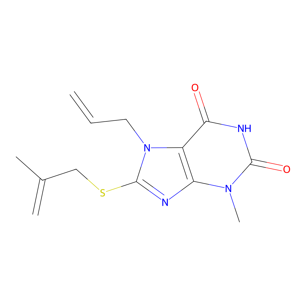 7-allyl-3-methyl-8-((2-methylallyl)thio)-1H-purine-2,6(3H,7H)-dione molecular structure, CAS 377052-77-2