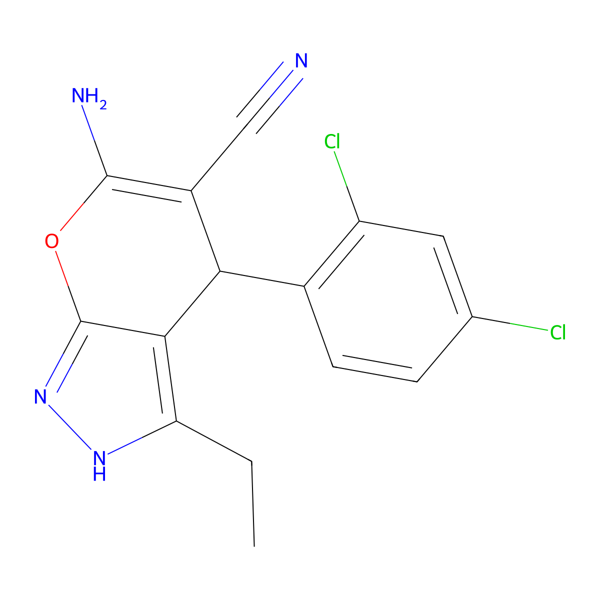 6-Amino-4-(2,4-dichloro-PH)-3-ET-1,4-dihydropyrano(2,3-C)pyrazole-5-carbonitrile molecular structure, CAS 377052-95-4