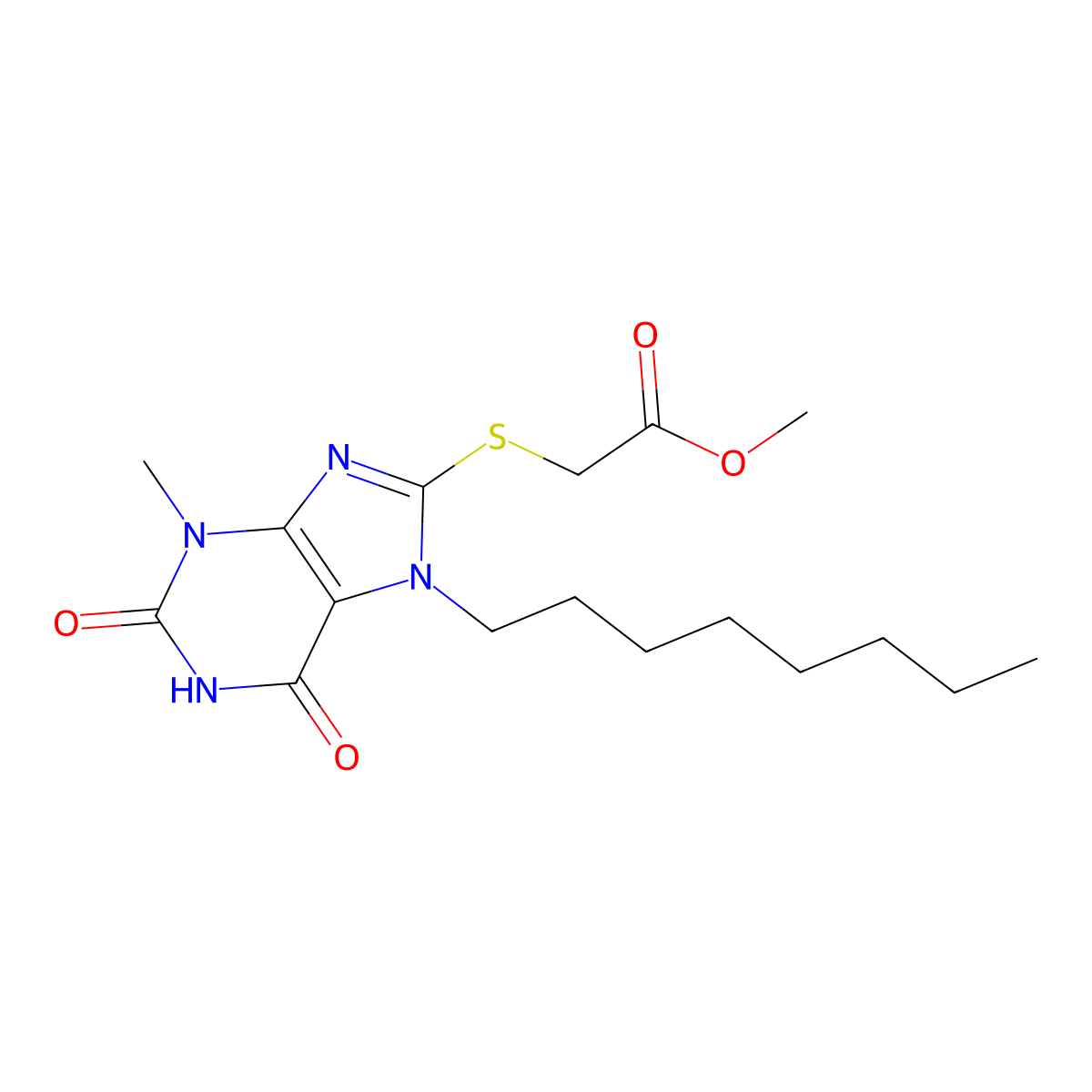 Methyl 2-(3-methyl-7-octyl-2,6-dioxopurin-8-yl)sulfanylacetate molecular structure, CAS 377053-13-9