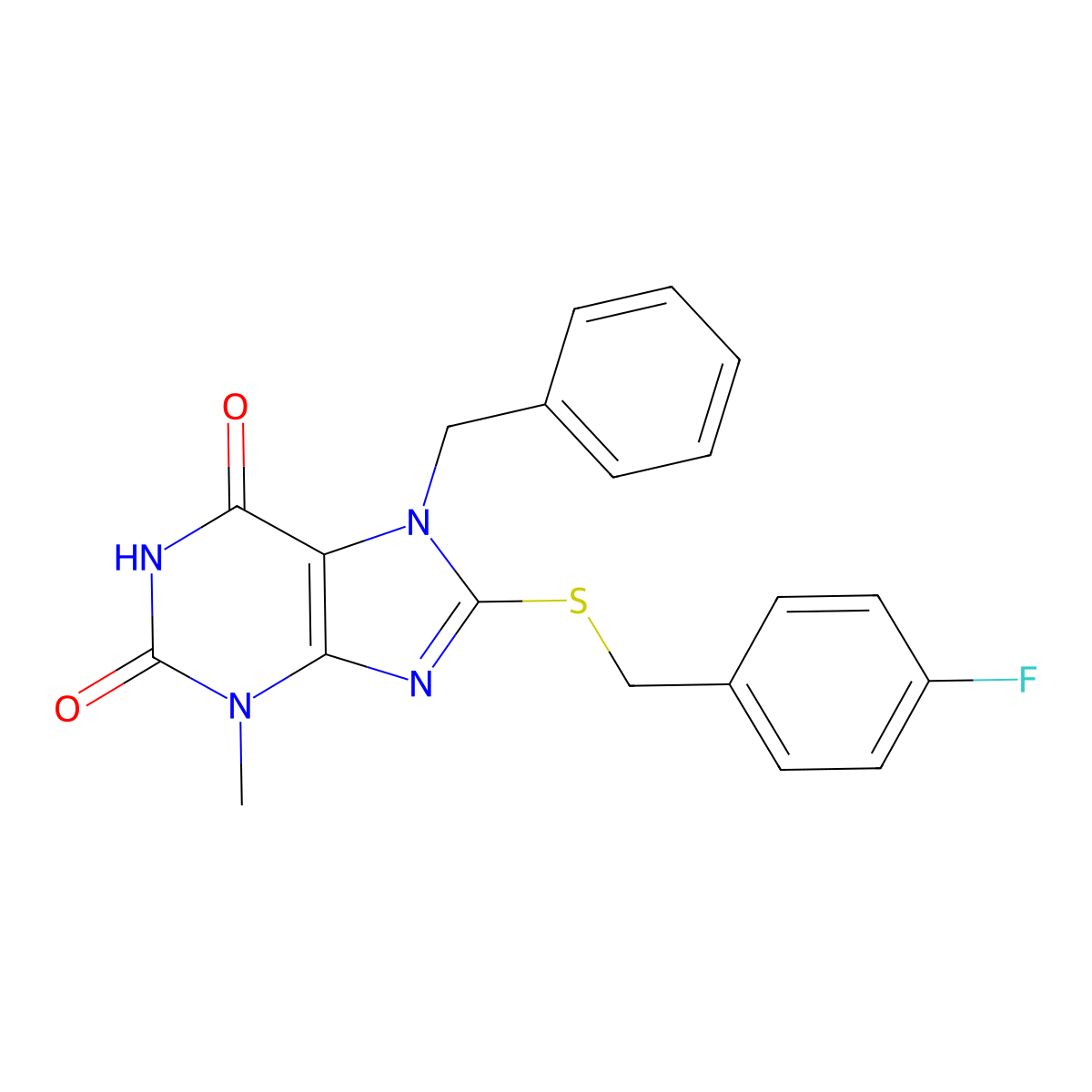 7-benzyl-8-((4-fluorobenzyl)thio)-3-methyl-1H-purine-2,6(3H,7H)-dione molecular structure, CAS 377053-91-3