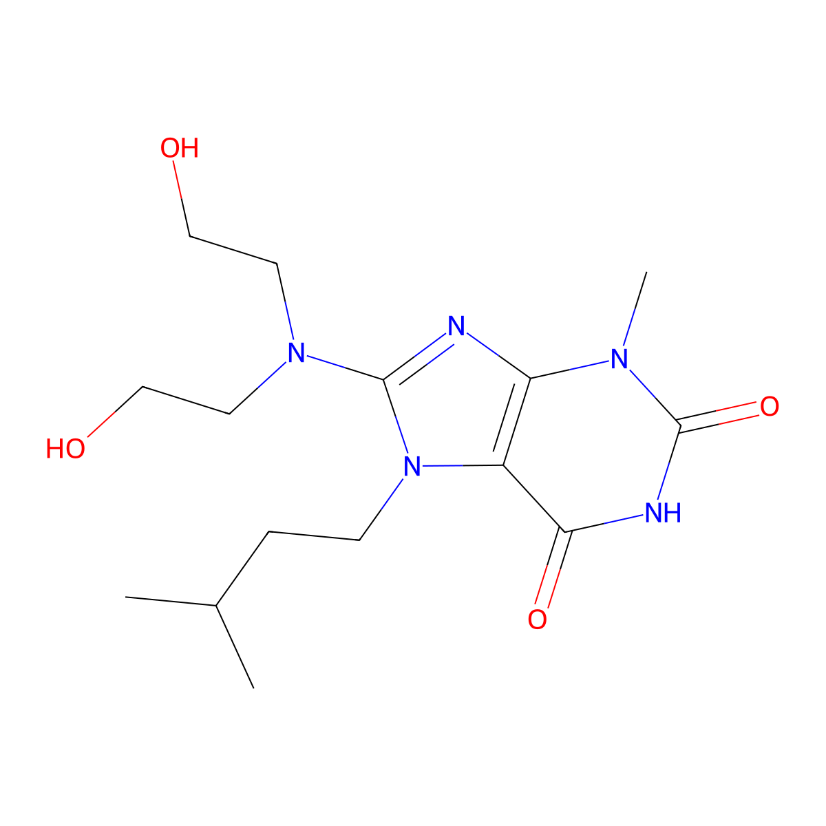 8-(bis(2-hydroxyethyl)amino)-7-isopentyl-3-methyl-1H-purine-2,6(3H,7H)-dione molecular structure, CAS 377054-08-5