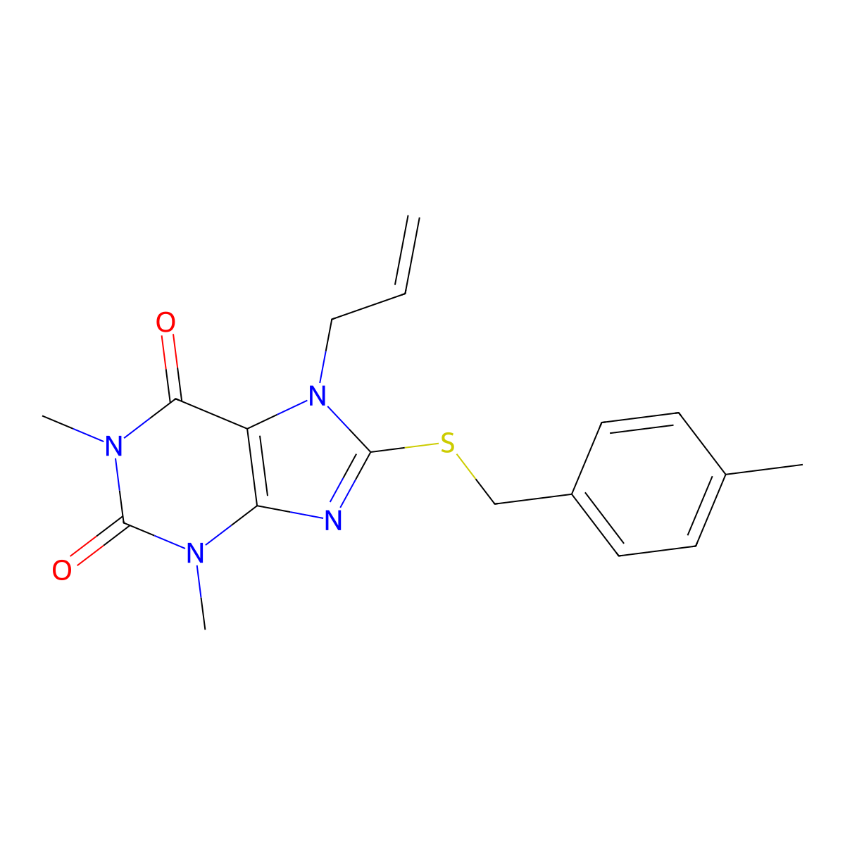 1,3-Dimethyl-8-[(4-methylphenyl)methylsulfanyl]-7-prop-2-enylpurine-2,6-dione molecular structure, CAS 377054-28-9