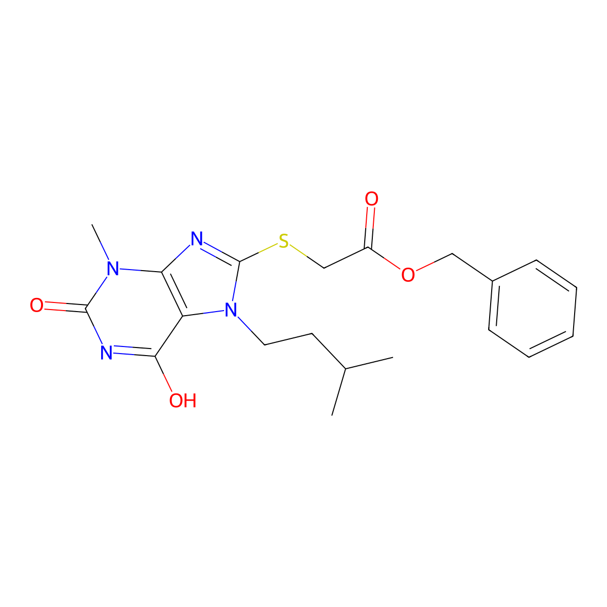 Benzyl 2-[3-methyl-7-(3-methylbutyl)-2,6-dioxopurin-8-yl]sulfanylacetate molecular structure, CAS 377054-65-4