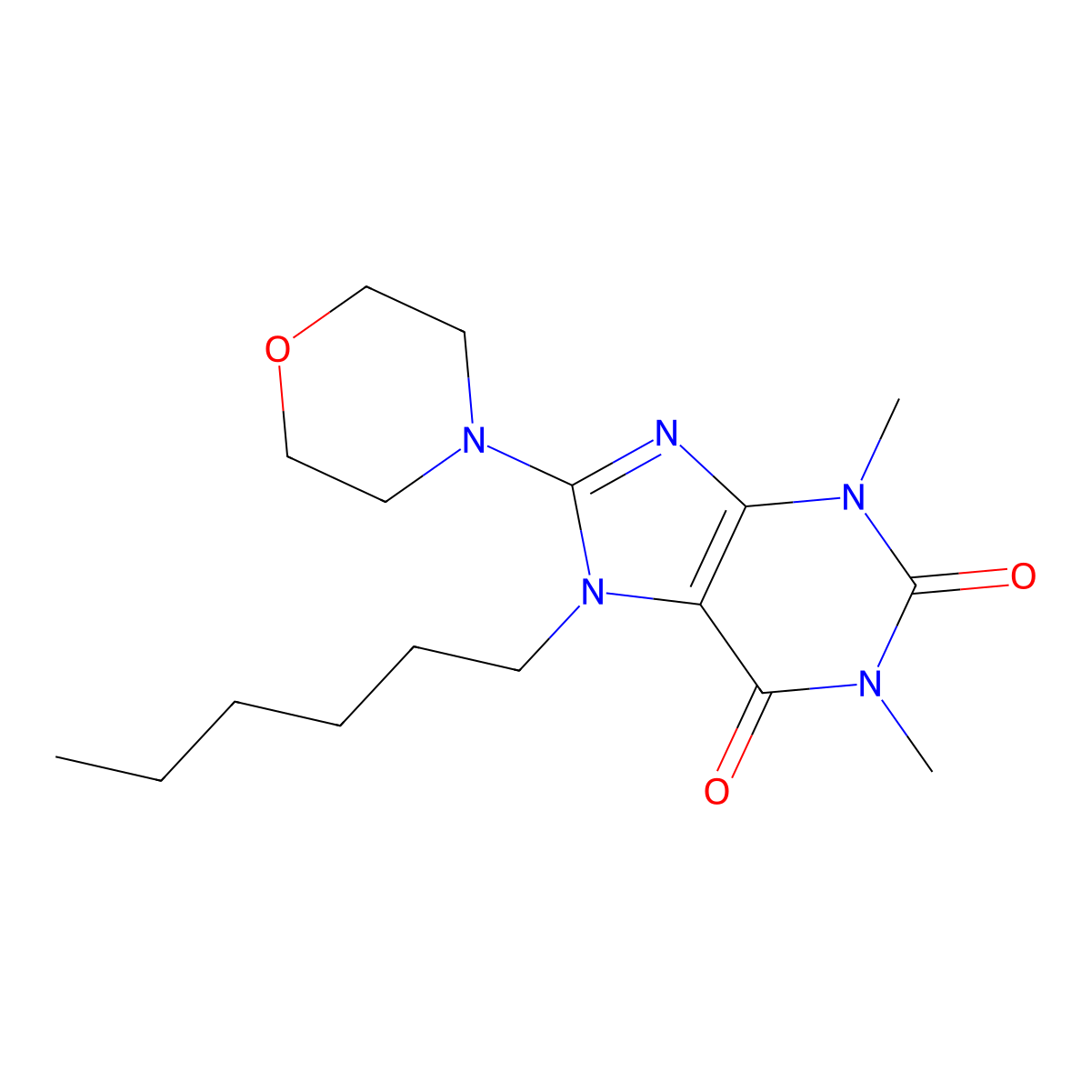 7-hexyl-1,3-dimethyl-8-morpholino-1H-purine-2,6(3H,7H)-dione molecular structure, CAS 377055-03-3