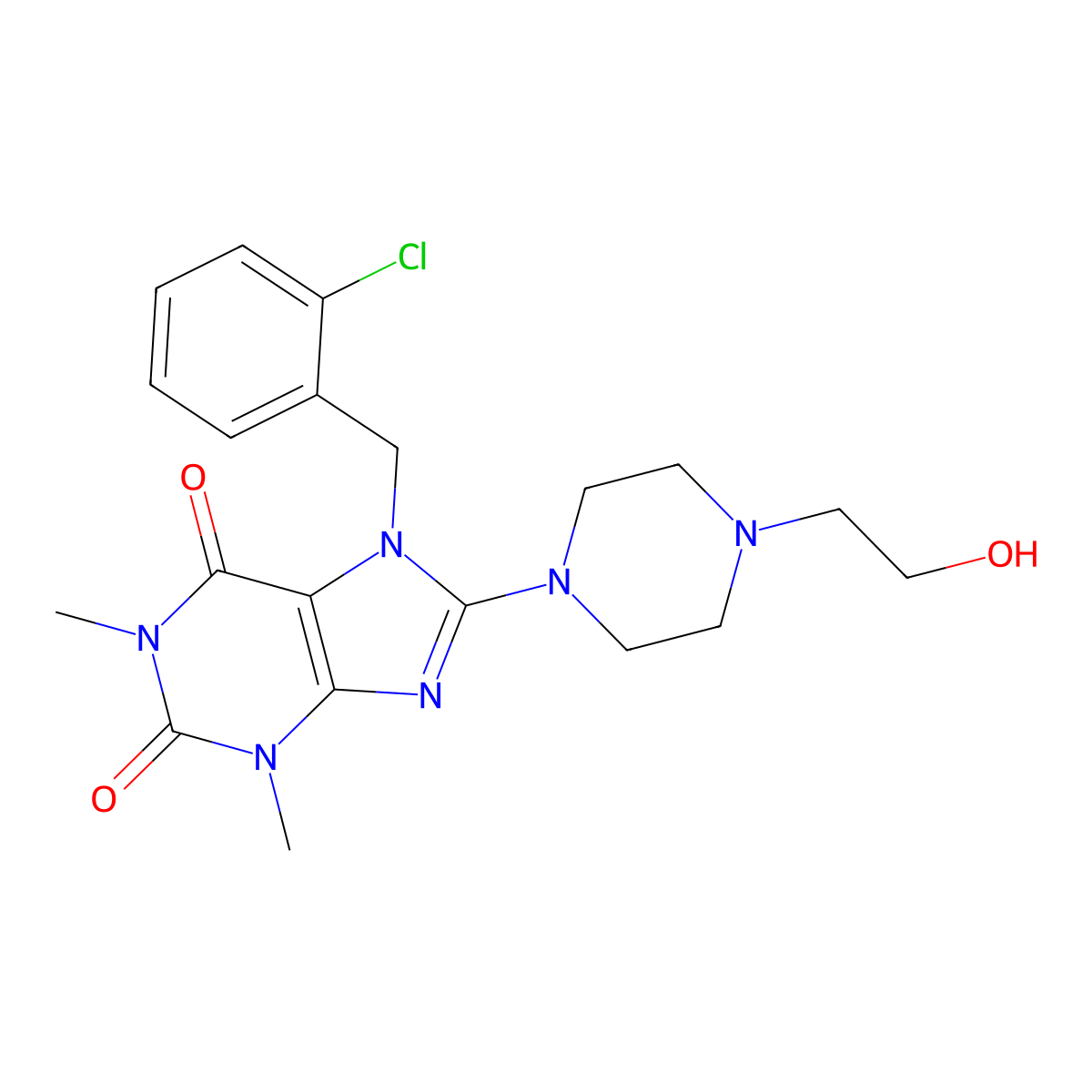7-(2-chlorobenzyl)-8-(4-(2-hydroxyethyl)piperazin-1-yl)-1,3-dimethyl-1H-purine-2,6(3H,7H)-dione molecular structure, CAS 377055-11-3