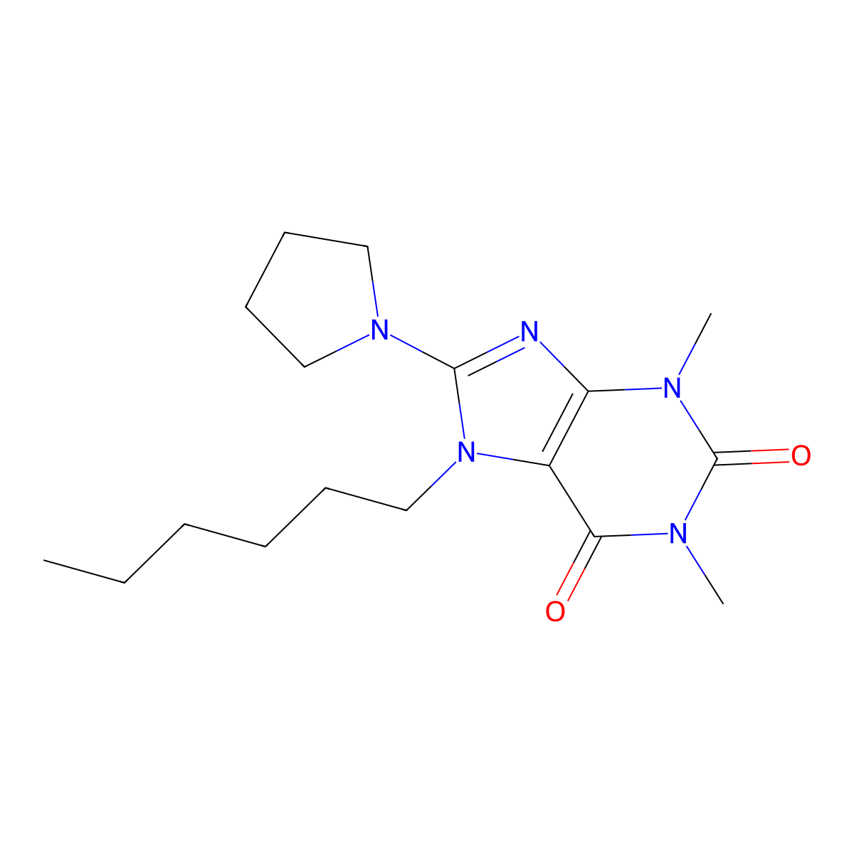 7-Hexyl-1,3-dimethyl-8-pyrrolidin-1-ylpurine-2,6-dione molecular structure, CAS 377055-19-1
