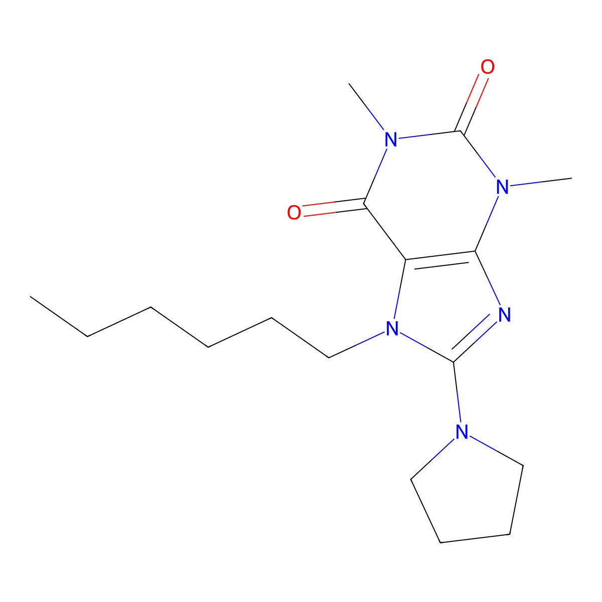 7-Hexyl-1,3-dimethyl-8-pyrrolidin-1-ylpurine-2,6-dione molecular structure, CAS 377055-19-1