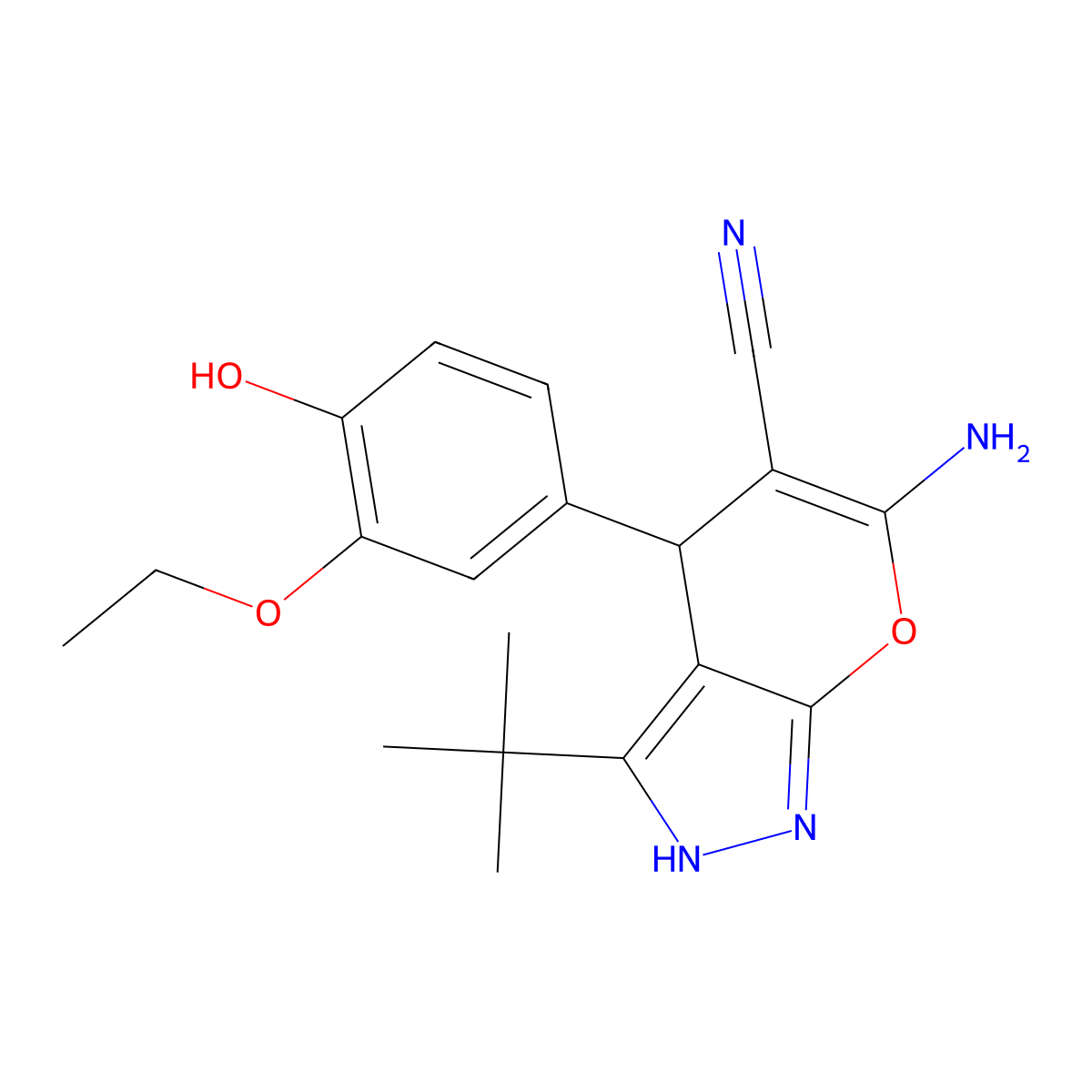 6-Amino-3-tert-butyl-4-(3-ethoxy-4-hydroxyphenyl)-1,4-dihydropyrano[2,3-c]pyrazole-5-carbonitrile molecular structure, CAS 377055-61-3