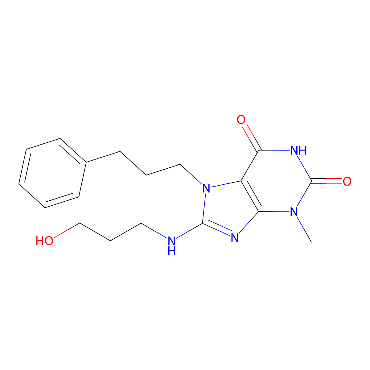 8-((3-hydroxypropyl)amino)-3-methyl-7-(3-phenylpropyl)-1H-purine-2,6(3H,7H)-dione molecular structure, CAS 377057-20-0