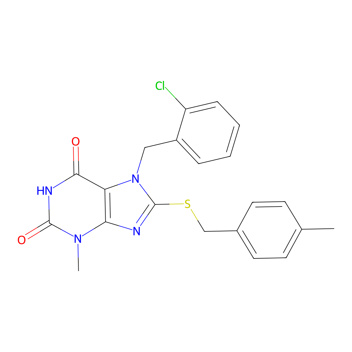 7-(2-chlorobenzyl)-3-methyl-8-((4-methylbenzyl)thio)-1H-purine-2,6(3H,7H)-dione molecular structure, CAS 377057-25-5
