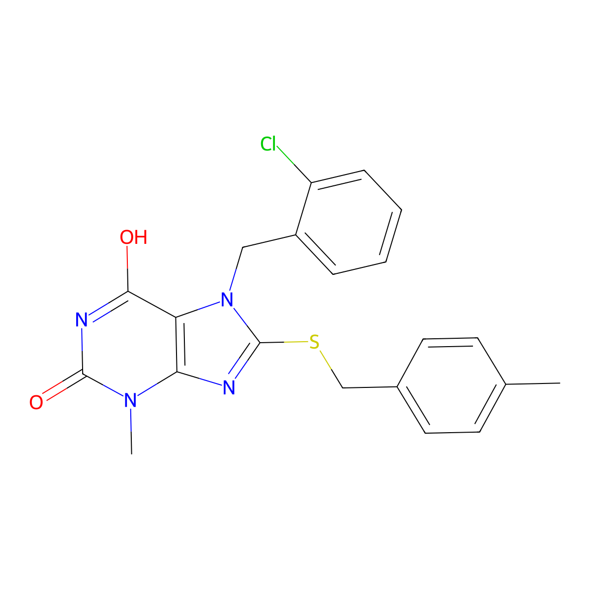 7-(2-chlorobenzyl)-3-methyl-8-((4-methylbenzyl)thio)-1H-purine-2,6(3H,7H)-dione molecular structure, CAS 377057-25-5