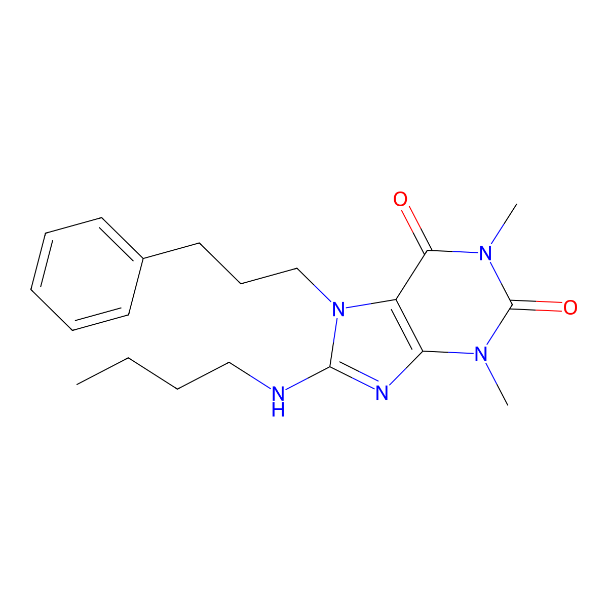 8-(butylamino)-1,3-dimethyl-7-(3-phenylpropyl)-2,3,6,7-tetrahydro-1H-purine-2,6-dione molecular structure, CAS 377057-27-7