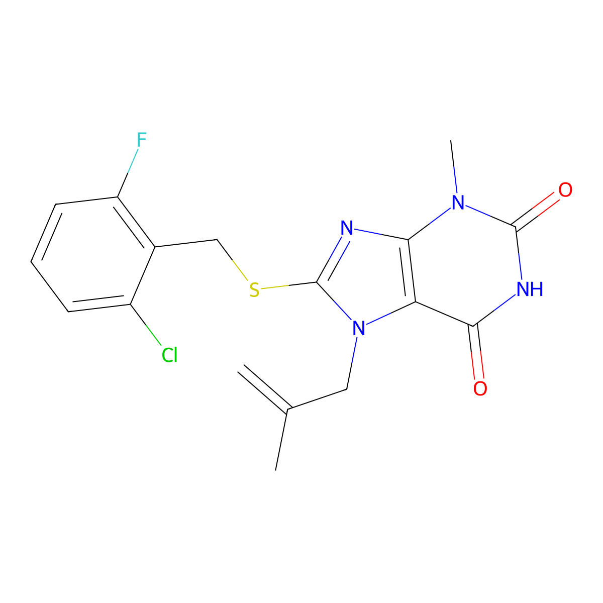 8-[(2-Chloro-6-fluorophenyl)methylsulfanyl]-3-methyl-7-(2-methylprop-2-enyl)purine-2,6-dione molecular structure, CAS 377058-49-6
