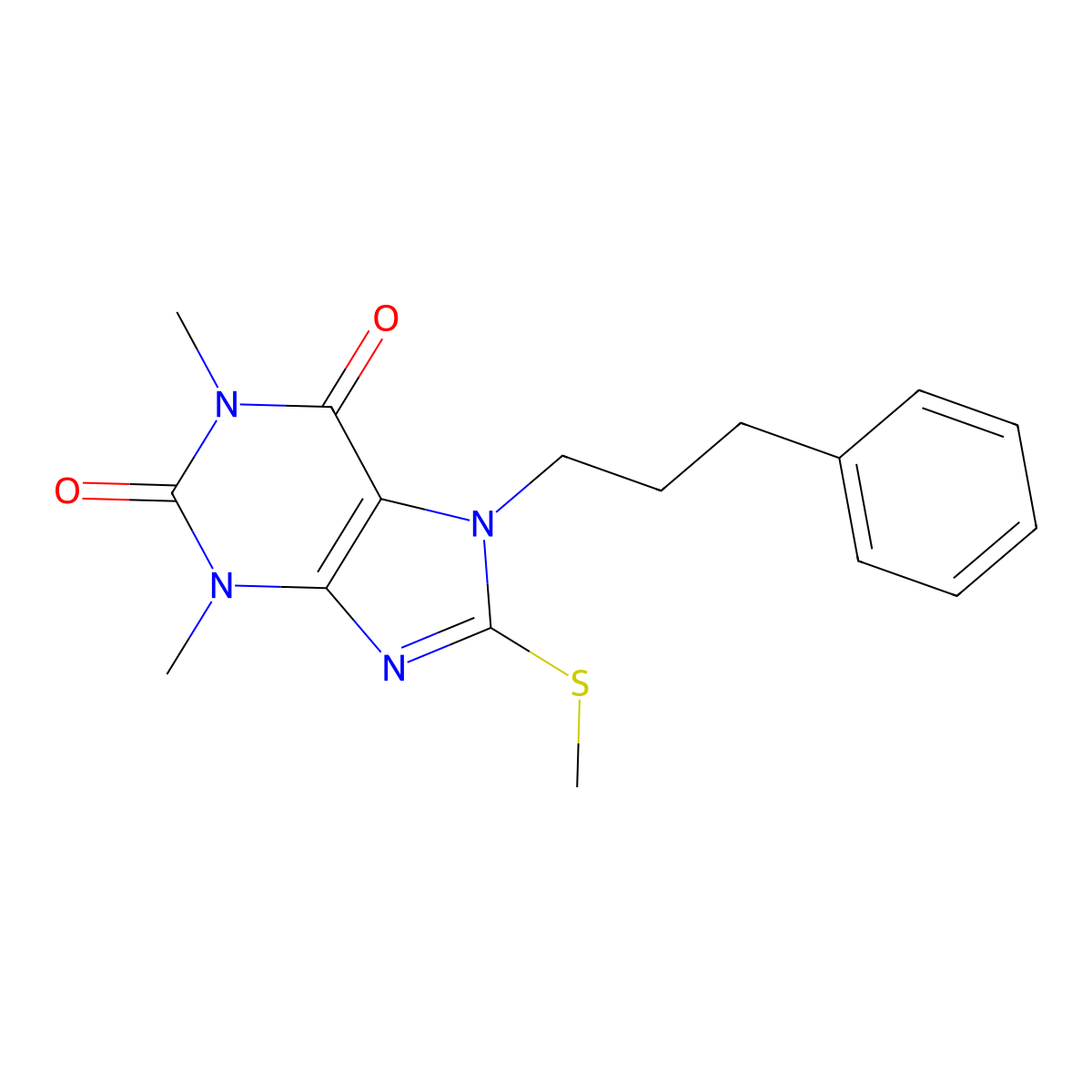 1,3-dimethyl-8-(methylthio)-7-(3-phenylpropyl)-1H-purine-2,6(3H,7H)-dione molecular structure, CAS 377059-27-3