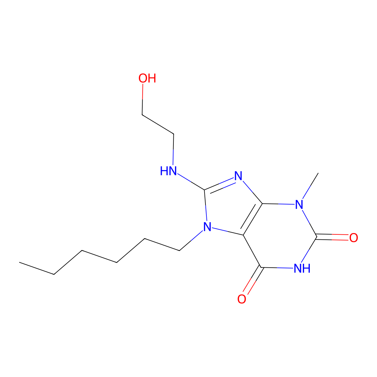 7-hexyl-8-((2-hydroxyethyl)amino)-3-methyl-1H-purine-2,6(3H,7H)-dione molecular structure, CAS 377059-39-7
