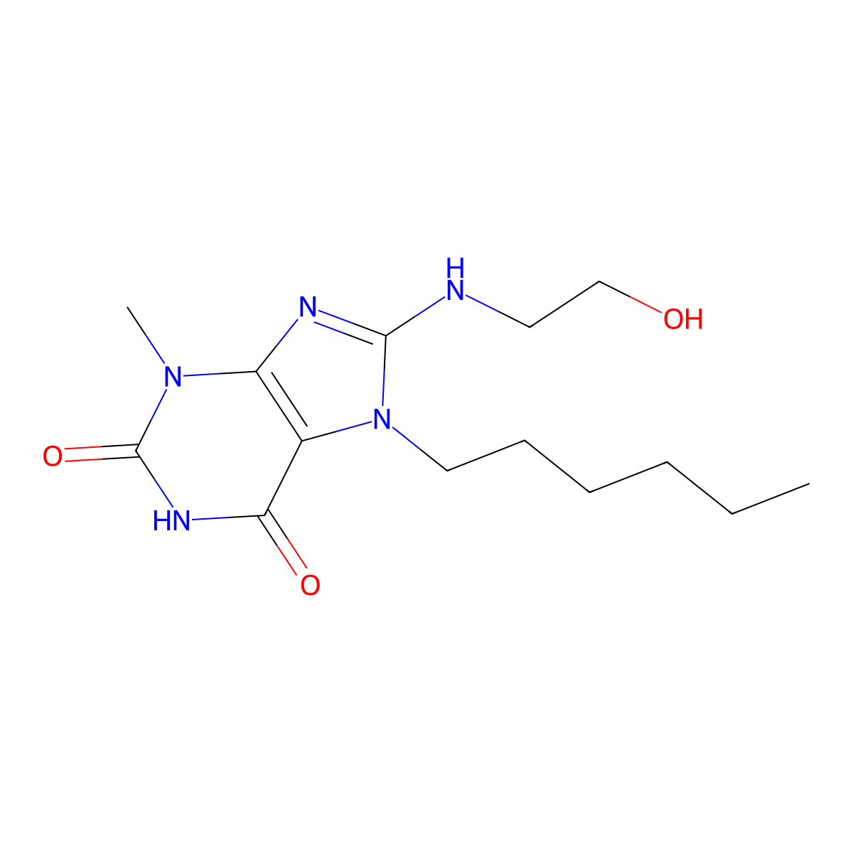 7-hexyl-8-((2-hydroxyethyl)amino)-3-methyl-1H-purine-2,6(3H,7H)-dione molecular structure, CAS 377059-39-7