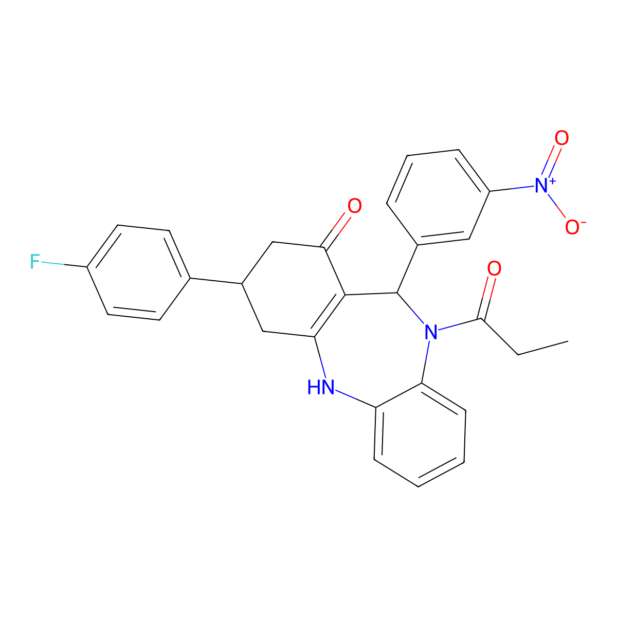 9-(4-fluorophenyl)-6-(3-nitrophenyl)-5-propanoyl-8,9,10,11-tetrahydro-6H-benzo[b][1,4]benzodiazepin-7-one molecular structure, CAS 377059-40-0