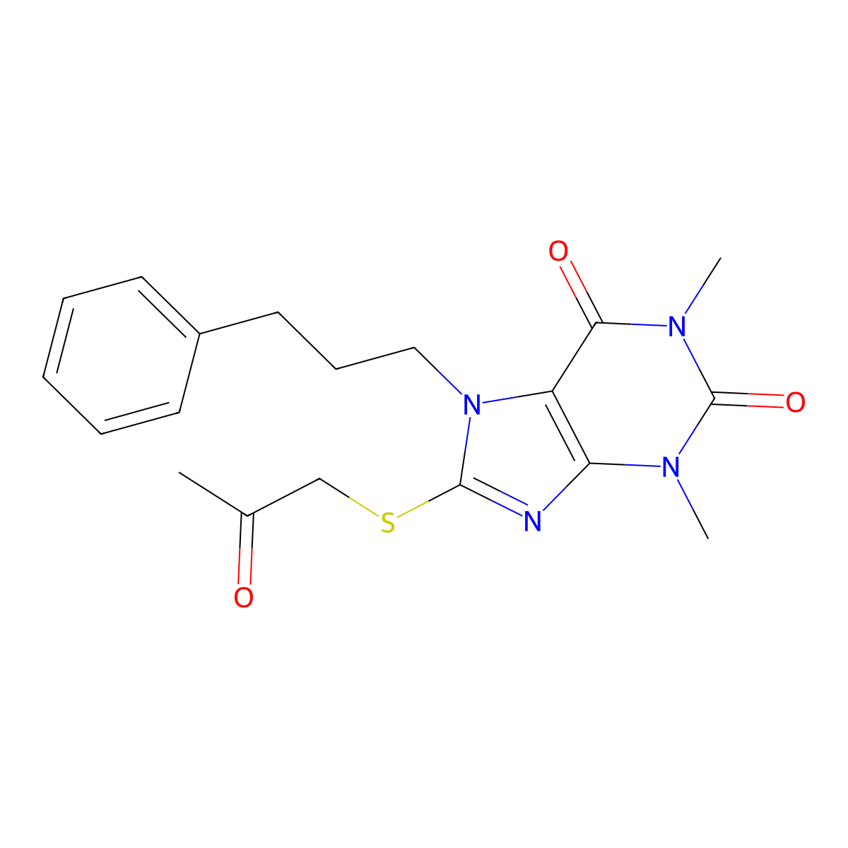 1,3-dimethyl-8-((2-oxopropyl)thio)-7-(3-phenylpropyl)-1H-purine-2,6(3H,7H)-dione molecular structure, CAS 377060-18-9