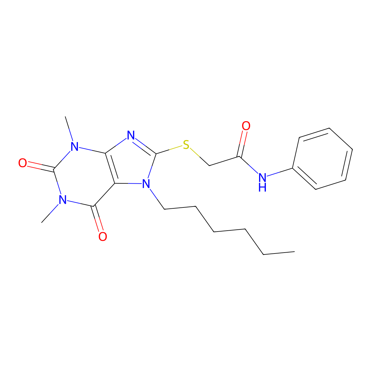 2-[(7-hexyl-1,3-dimethyl-2,6-dioxo-2,3,6,7-tetrahydro-1H-purin-8-yl)sulfanyl]-N-phenylacetamide molecular structure, CAS 377060-19-0