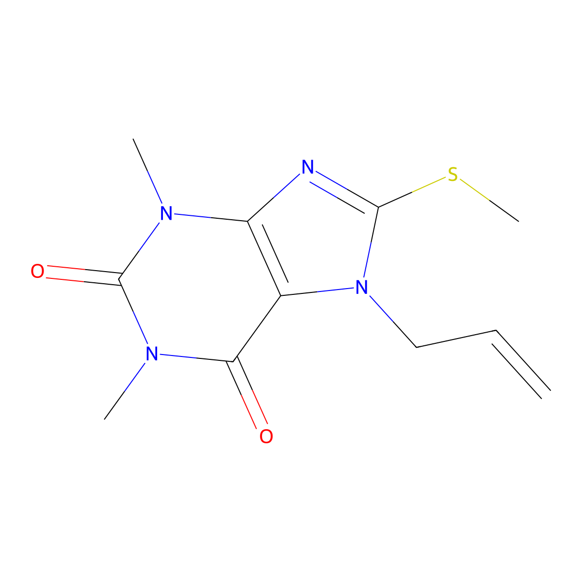 1,3-Dimethyl-8-methylsulfanyl-7-prop-2-enylpurine-2,6-dione molecular structure, CAS 377060-31-6