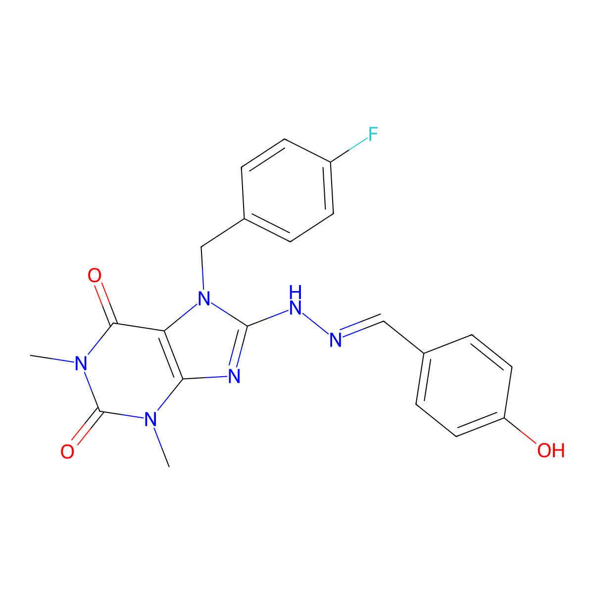 7-(4-fluorobenzyl)-8-(2-(4-hydroxybenzylidene)hydrazinyl)-1,3-dimethyl-1H-purine-2,6(3H,7H)-dione molecular structure, CAS 377060-40-7