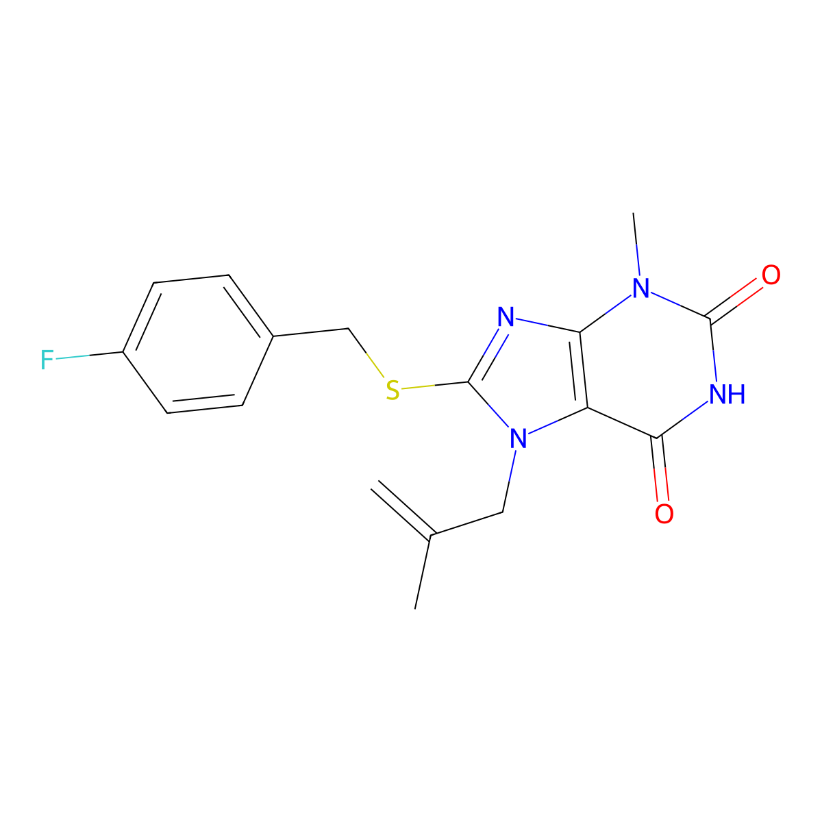 8-[(4-Fluorophenyl)methylsulfanyl]-3-methyl-7-(2-methylprop-2-enyl)purine-2,6-dione molecular structure, CAS 377061-03-5