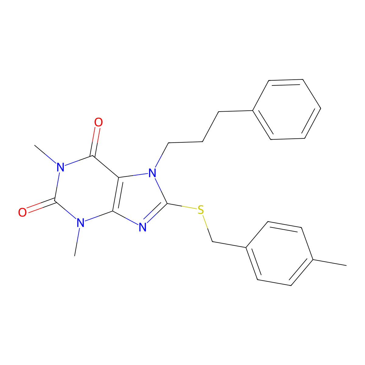 1,3-Dimethyl-8-[(4-methylphenyl)methylsulfanyl]-7-(3-phenylpropyl)purine-2,6-dione molecular structure, CAS 377061-09-1