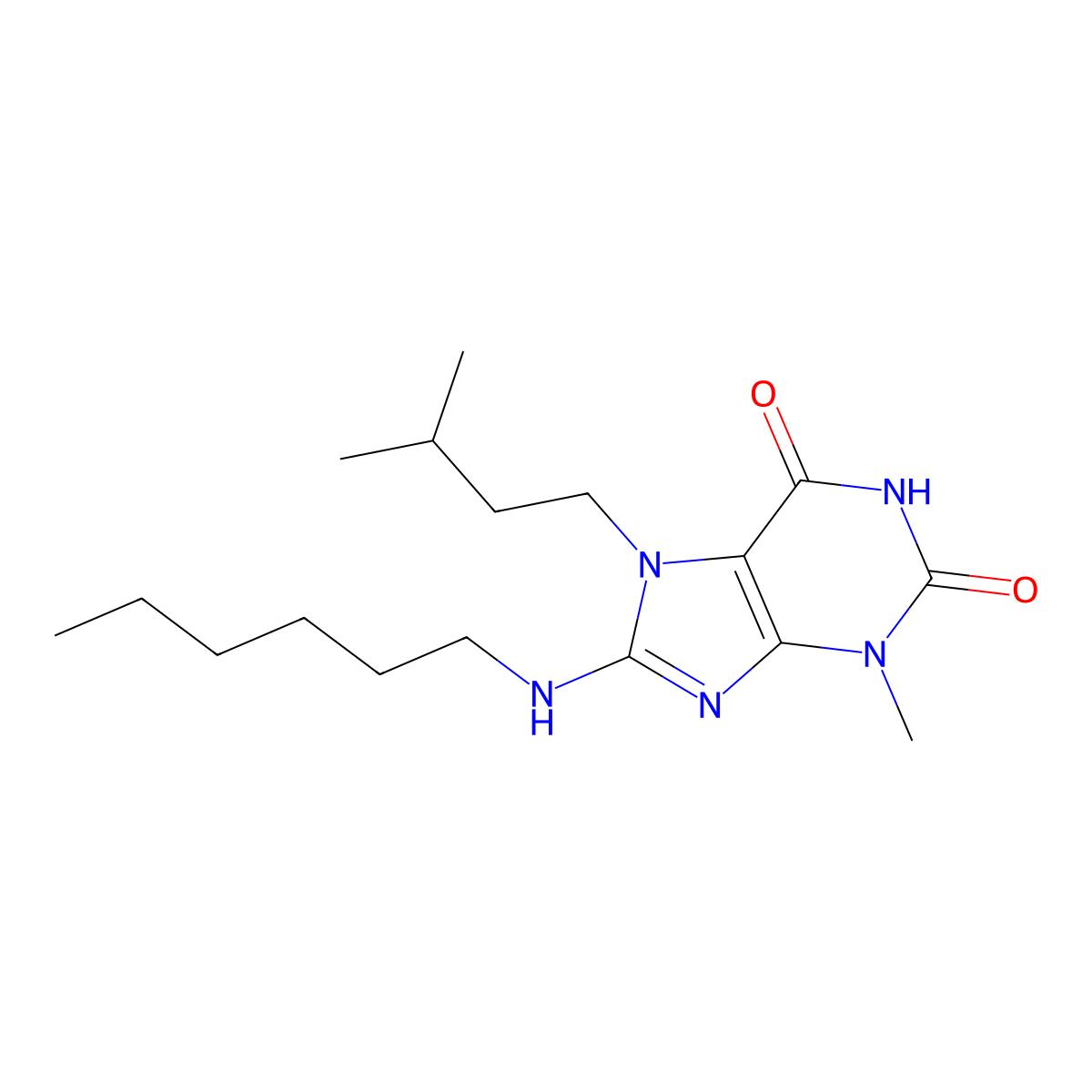 8-(hexylamino)-7-isopentyl-3-methyl-1H-purine-2,6(3H,7H)-dione molecular structure, CAS 377061-49-9