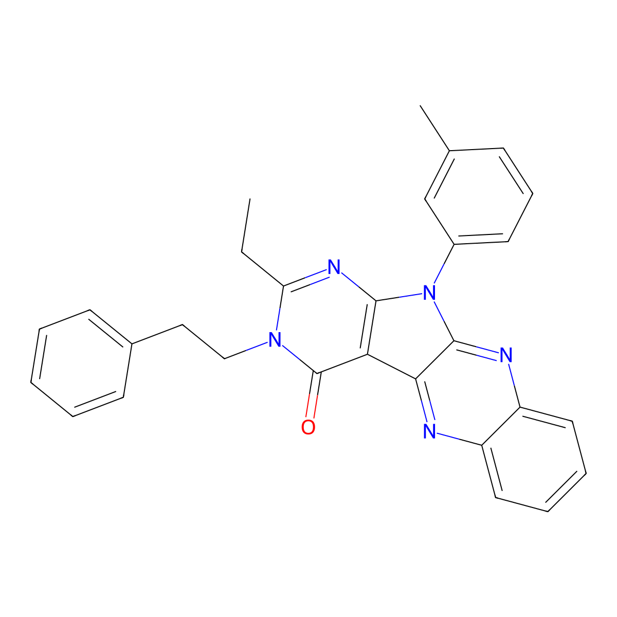 2-ethyl-3-phenethyl-11-(m-tolyl)-3H-pyrimido[5',4':4,5]pyrrolo[2,3-b]quinoxalin-4(11H)-one molecular structure, CAS 377061-65-9