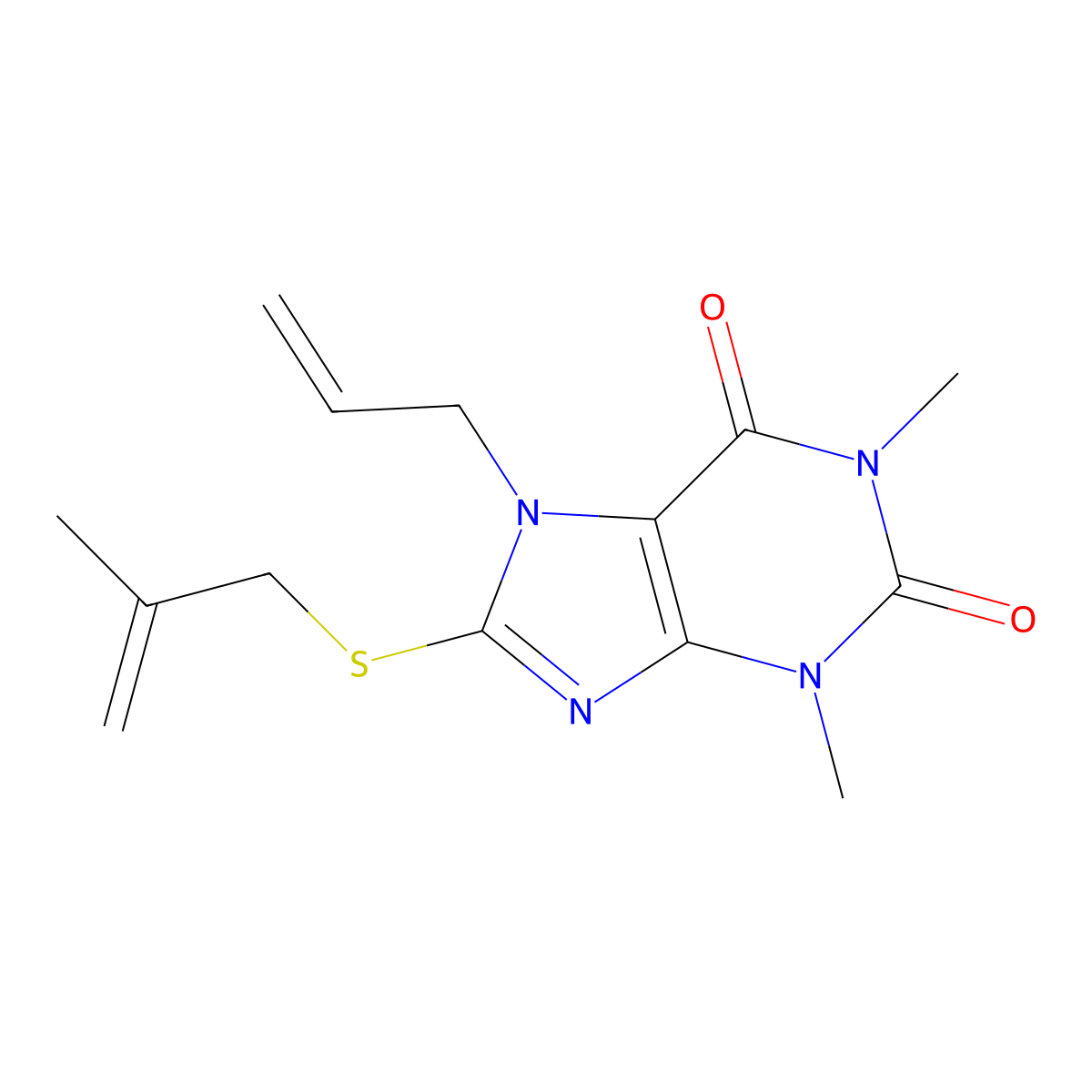 1,3-Dimethyl-8-(2-methylprop-2-enylsulfanyl)-7-prop-2-enylpurine-2,6-dione molecular structure, CAS 377061-85-3