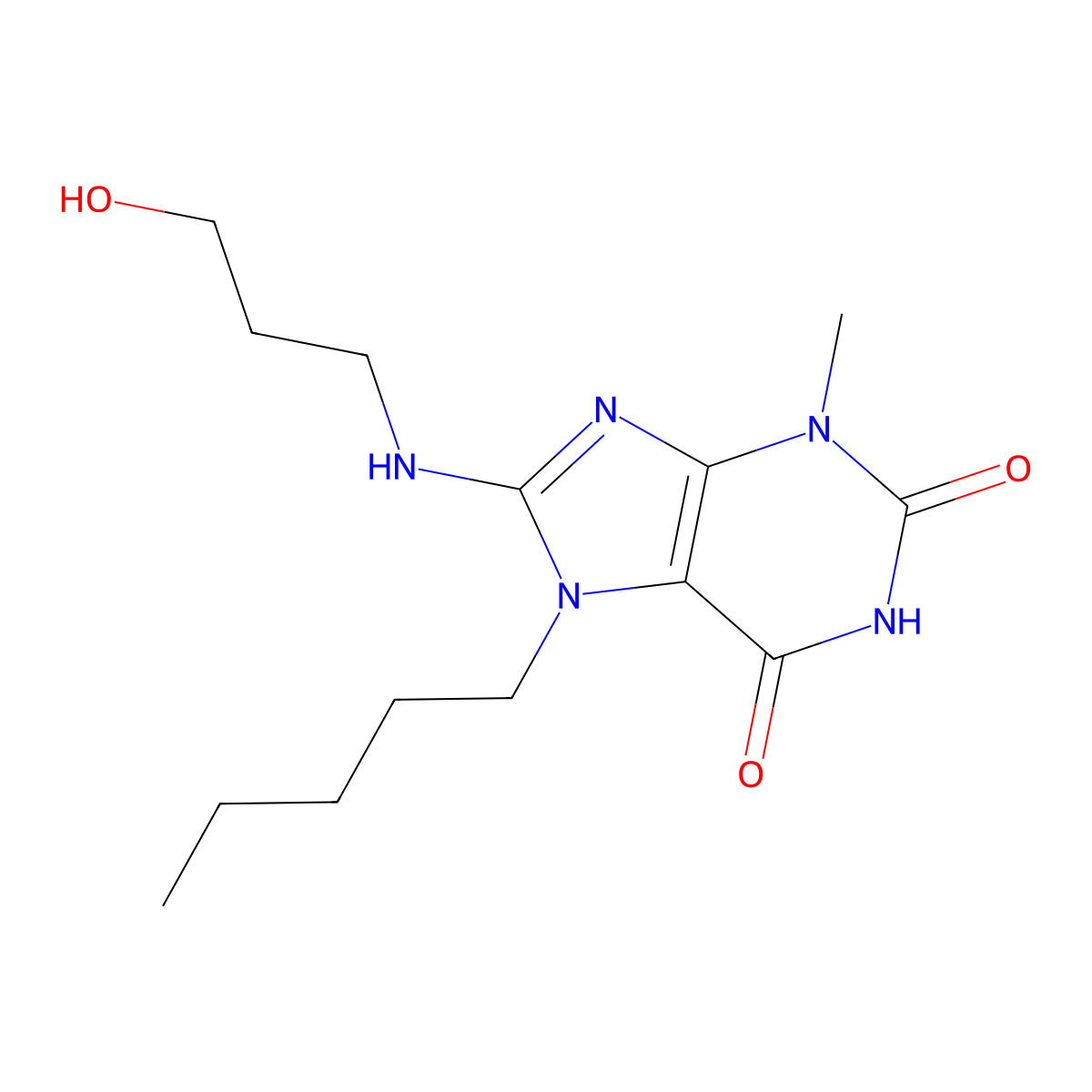 8-((3-Hydroxypropyl)amino)-3-methyl-7-pentyl-3,7-dihydro-1H-purine-2,6-dione molecular structure, CAS 377061-86-4