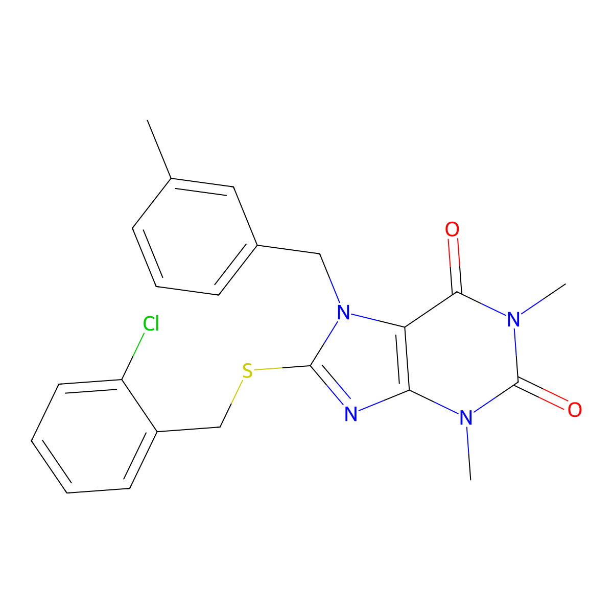 8-((2-chlorobenzyl)thio)-1,3-dimethyl-7-(3-methylbenzyl)-1H-purine-2,6(3H,7H)-dione molecular structure, CAS 377062-00-5