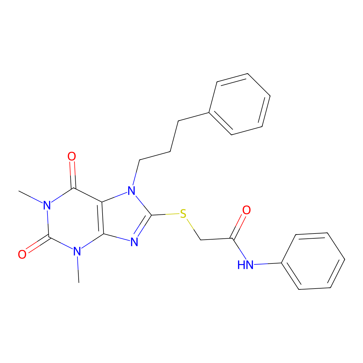 2-{[1,3-dimethyl-2,6-dioxo-7-(3-phenylpropyl)-2,3,6,7-tetrahydro-1H-purin-8-yl]sulfanyl}-N-phenylacetamide molecular structure, CAS 377062-06-1