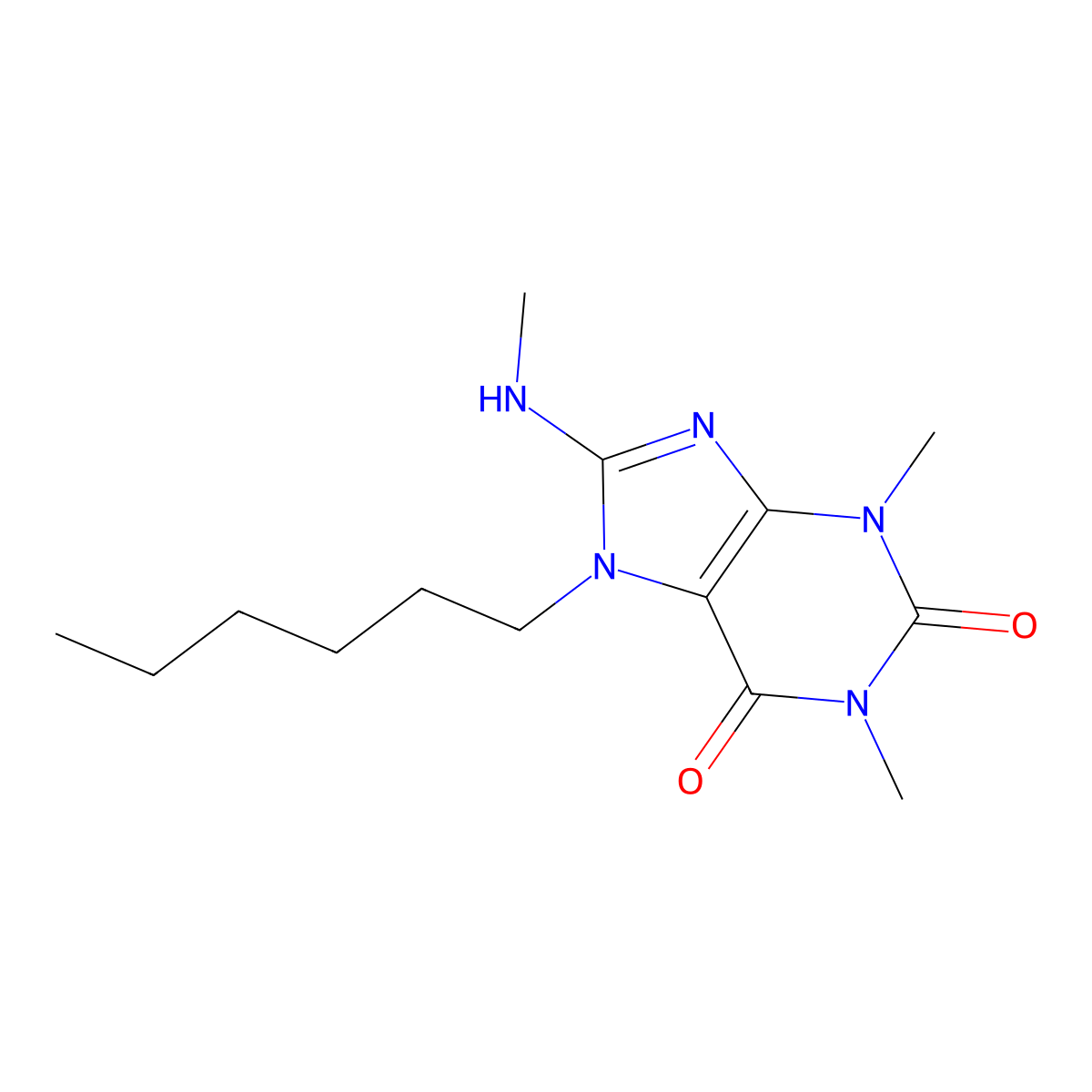 7-hexyl-1,3-dimethyl-8-(methylamino)-1H-purine-2,6(3H,7H)-dione molecular structure, CAS 377062-31-2