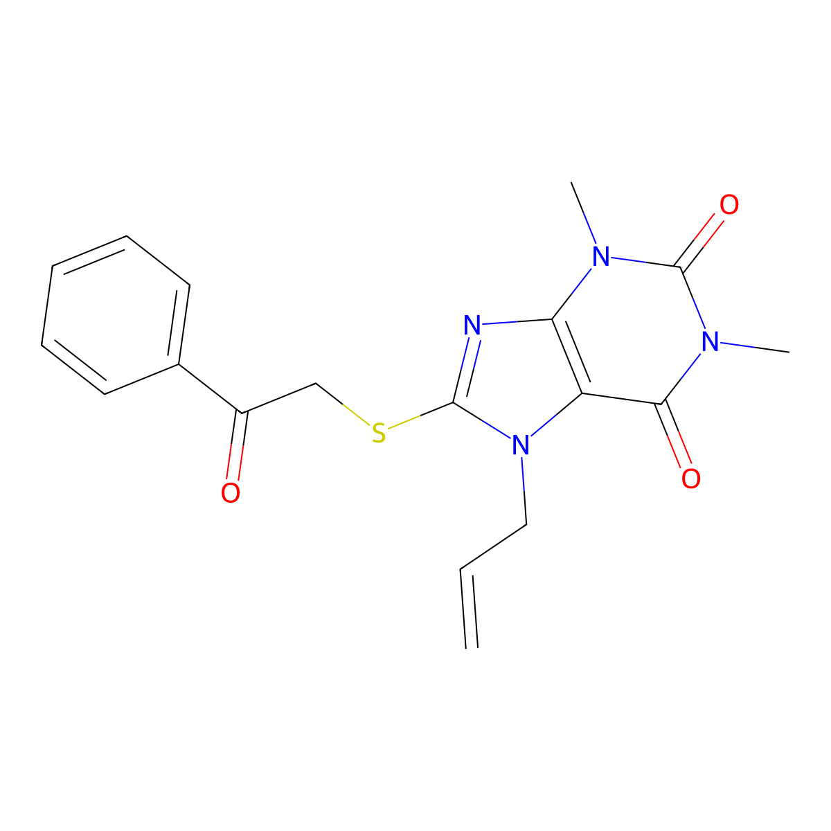 1,3-Dimethyl-8-phenacylsulfanyl-7-prop-2-enylpurine-2,6-dione molecular structure, CAS 377062-63-0